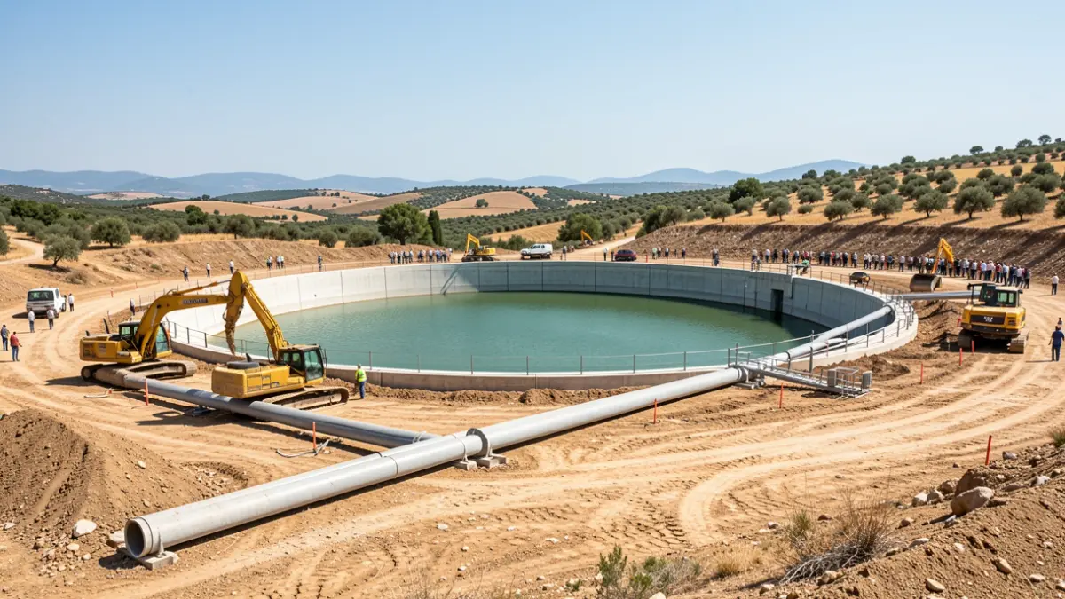 Construction works for a water reservoir in a rural area.