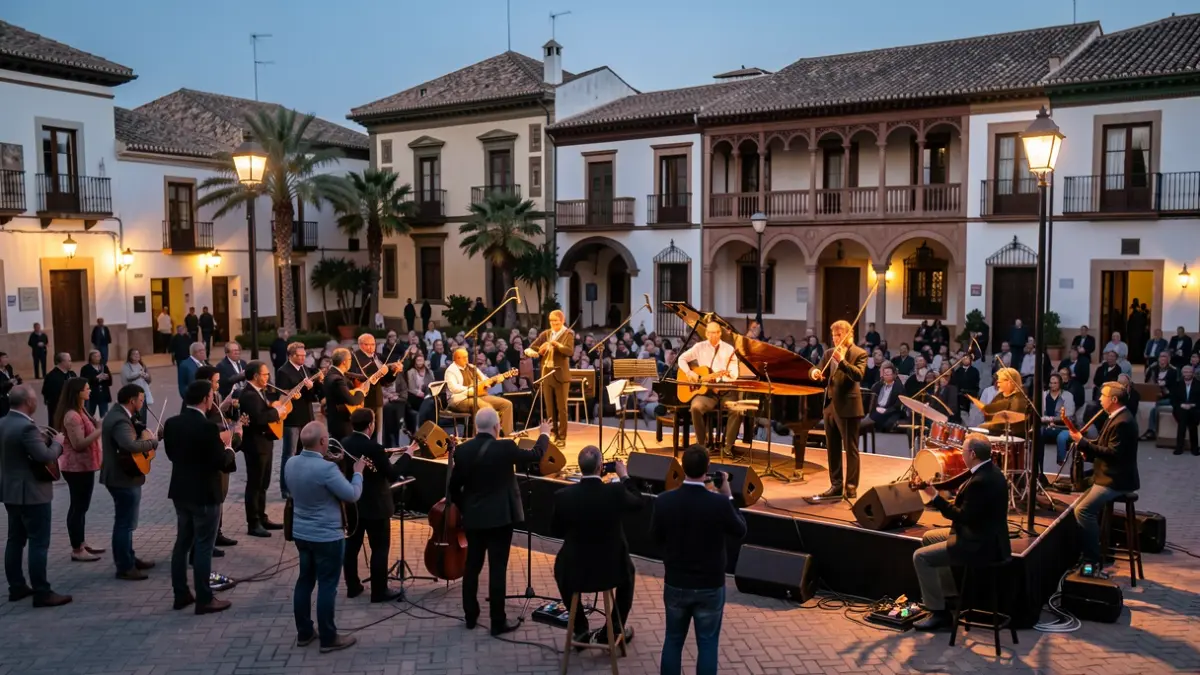 Escenario al aire libre en una plaza andaluza al atardecer, con músicos y artistas preparándose para una zarzuela.