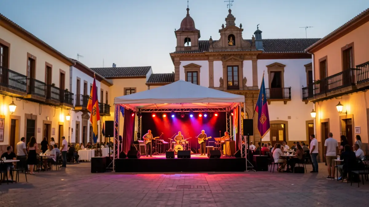 Scene of an outdoor cultural stage in an Andalusian town square at dusk.