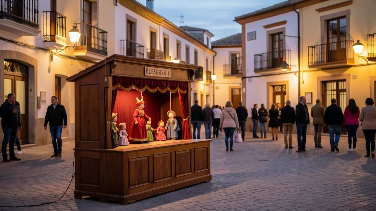 Generic scene of an Andalusian town square with a puppet theater stage at dusk.