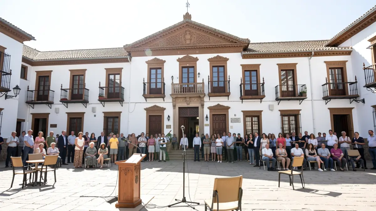 Fachada de un ayuntamiento andaluz con balcón y micrófono en la plaza.