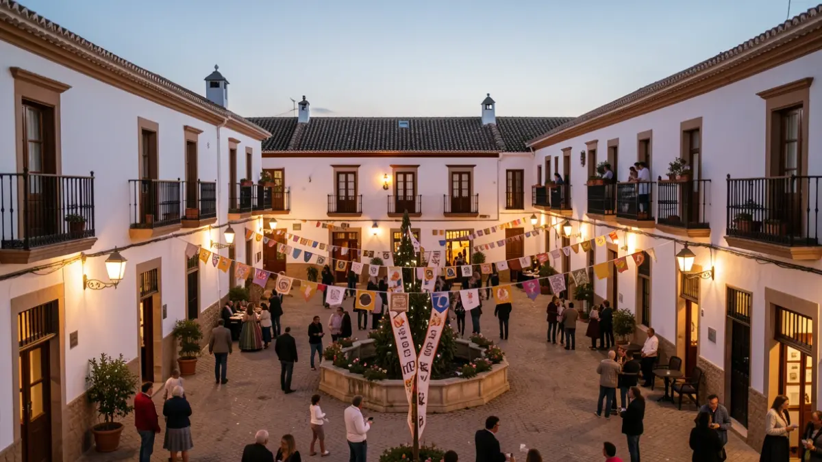 Andalusian town square decorated for a local festival at dusk.