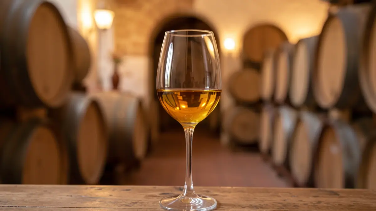 Copa de vino Moscatel con bodega andaluza al fondo.