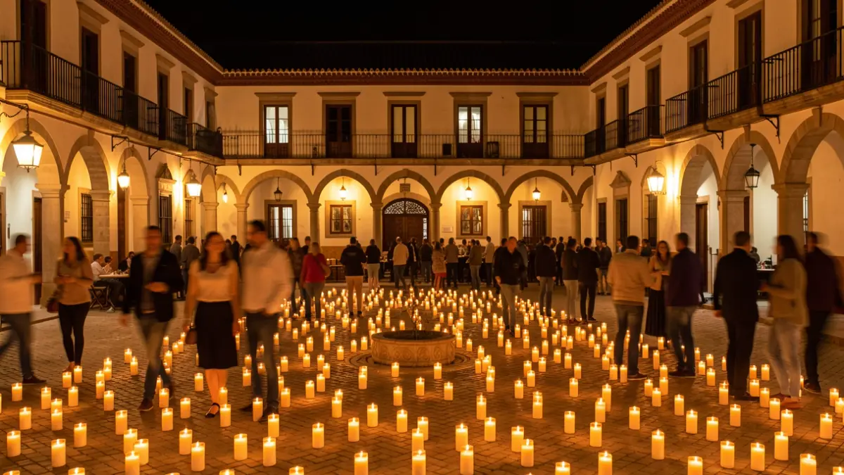 Plaza del casco histórico de Chiclana iluminada con miles de velas durante la Noche de las Velas.