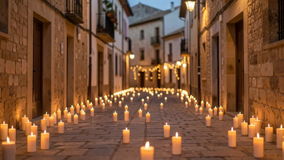 Streets of Chiclana's historic center illuminated by thousands of candles.
