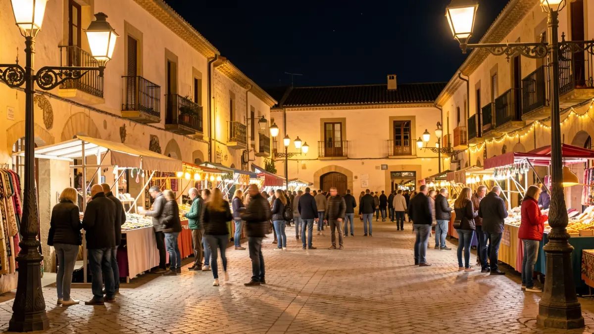 Imagen genérica de una plaza de pueblo andaluz por la noche, con ambiente festivo.