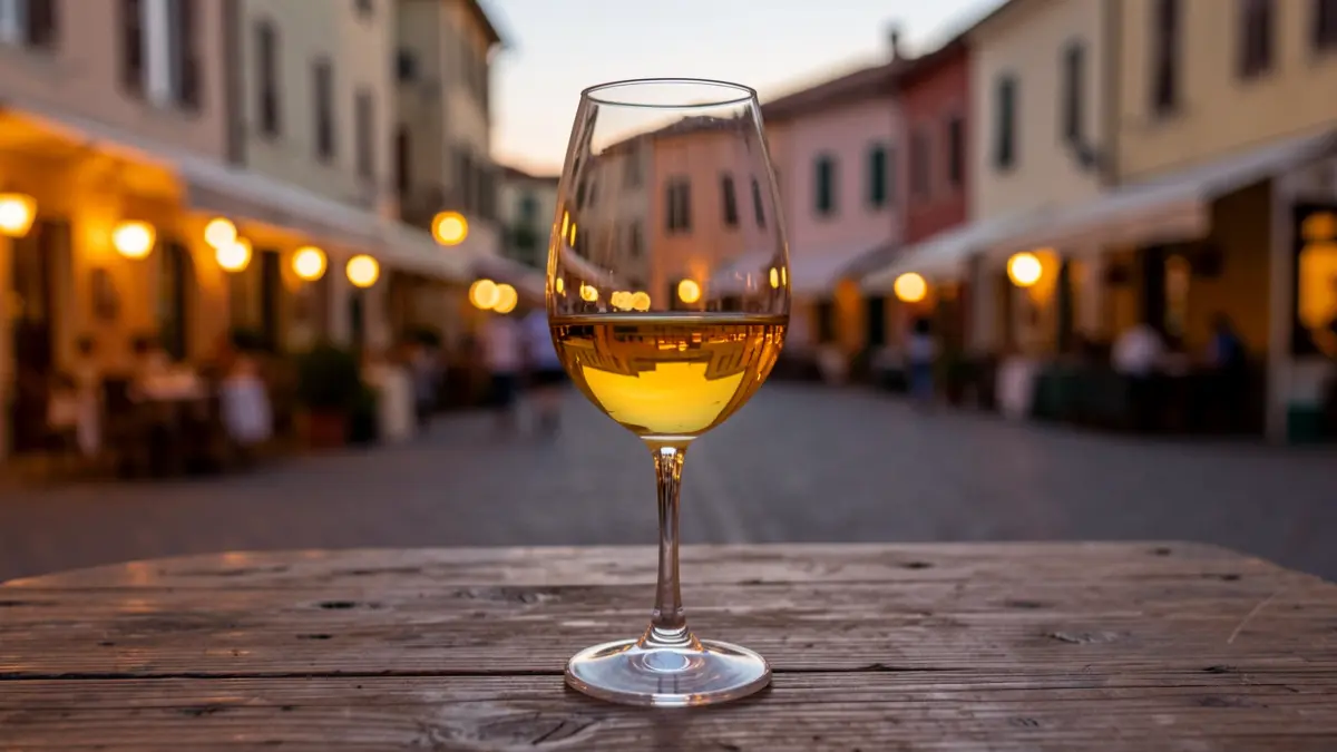 Copa de vino moscatel sobre una mesa de madera en un entorno festivo.