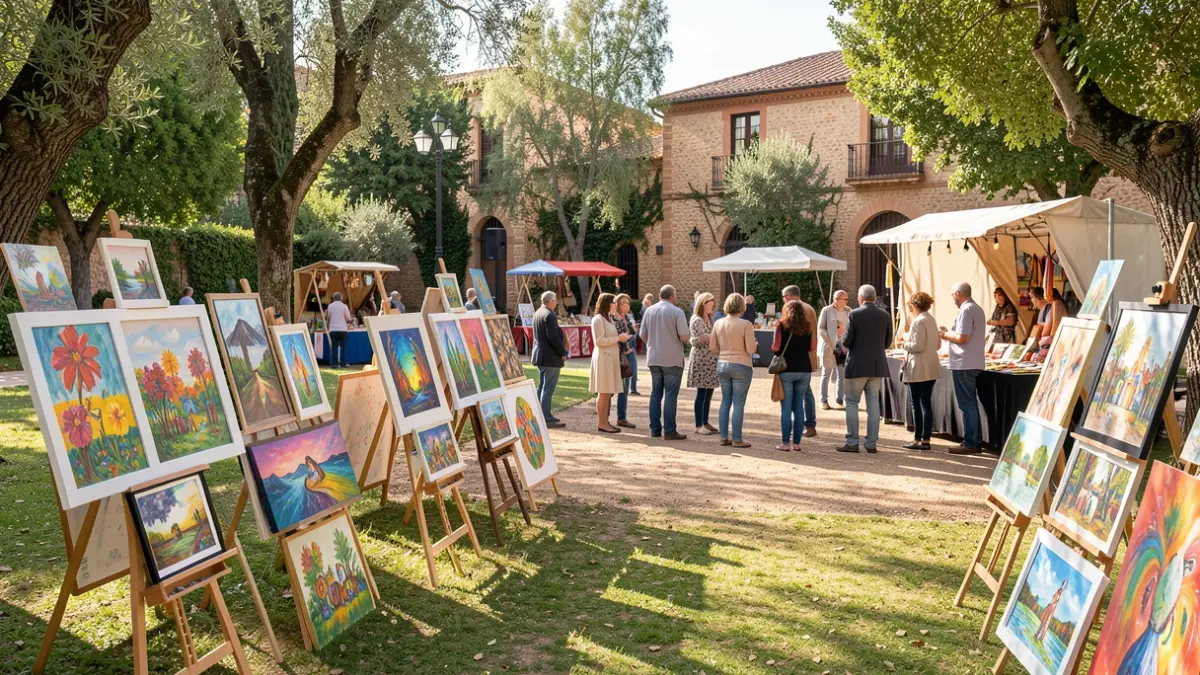 Scene of an outdoor cultural event in an Andalusian park, featuring art exhibitions, a craft market, and attendees.
