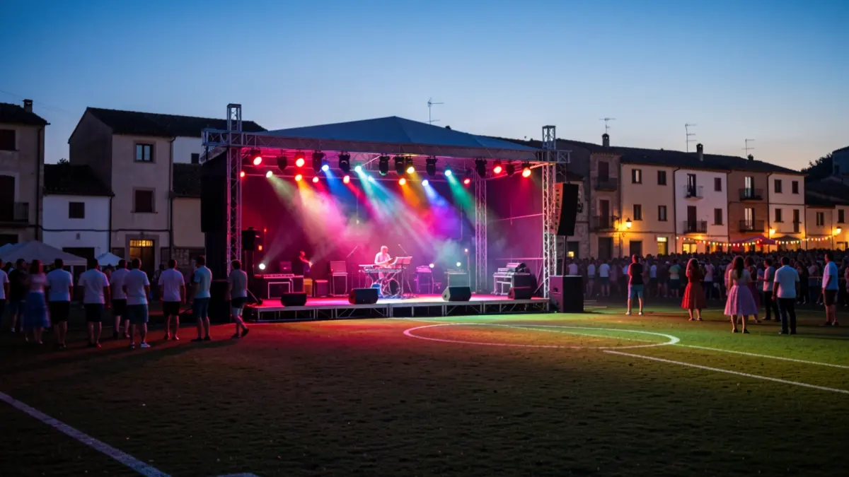 Generic image of an outdoor stage on a football field at dusk, with lights and blurred audience.