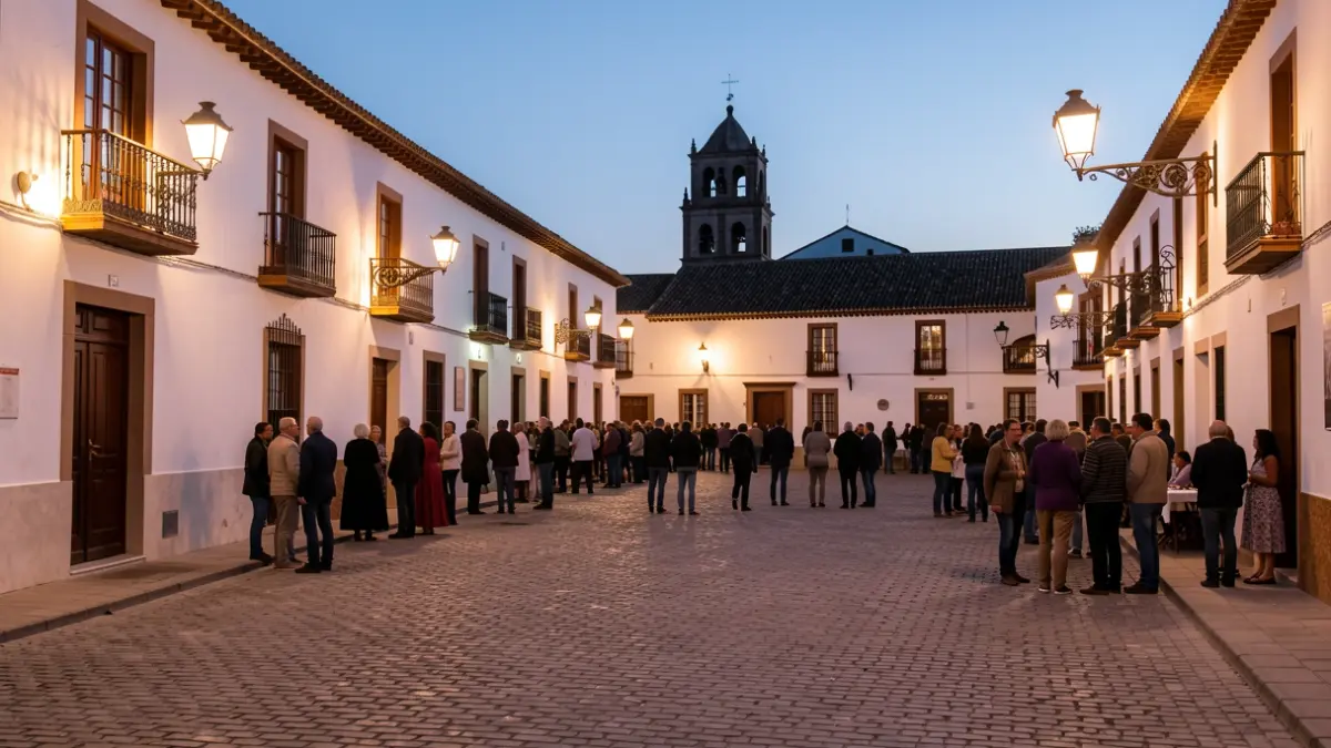 Plaza de pueblo andaluz al atardecer con edificios encalados y farolas.