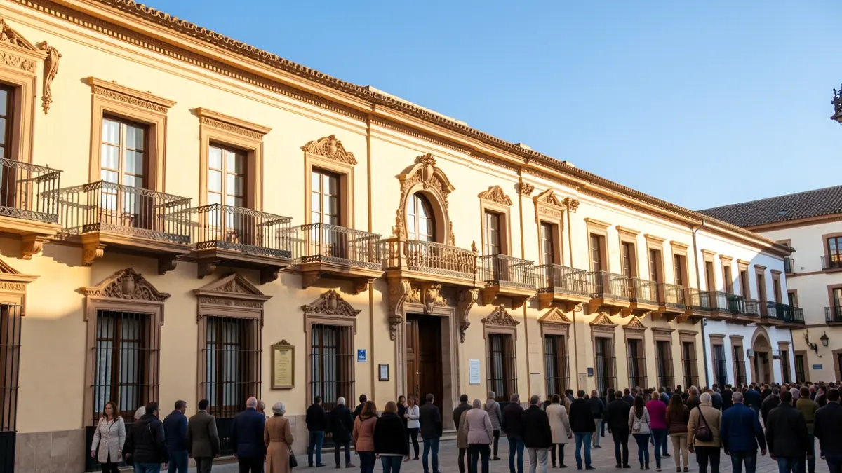 Facade of a traditional Andalusian town hall with ornate balconies and iron railings, bathed in warm afternoon sunlight, with a clear blue sky.