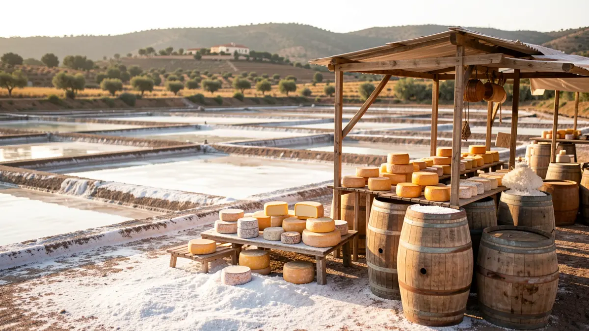 Cheese Fair in a salt pan in the Bay of Cadiz with cheese and salt.