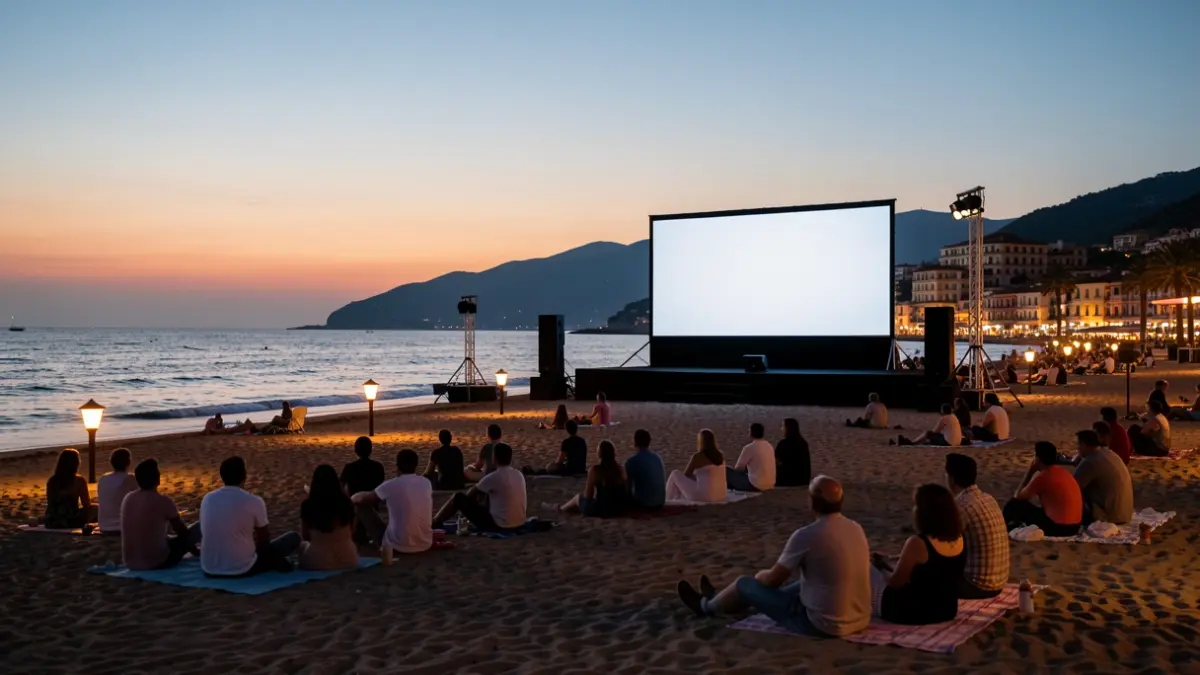 Imagen genérica de una playa con una pantalla de cine al aire libre al atardecer.