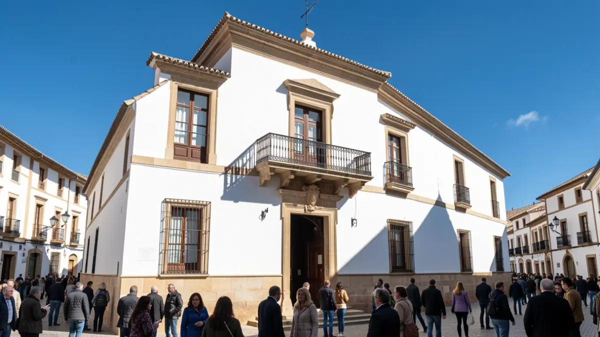 Fachada de un ayuntamiento andaluz con balcón y cielo azul.