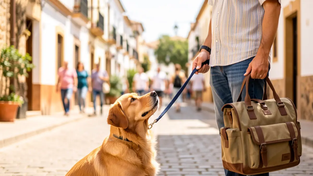 Illustration of a dog and cat looking at a person with a travel bag, symbolizing summer responsibility.