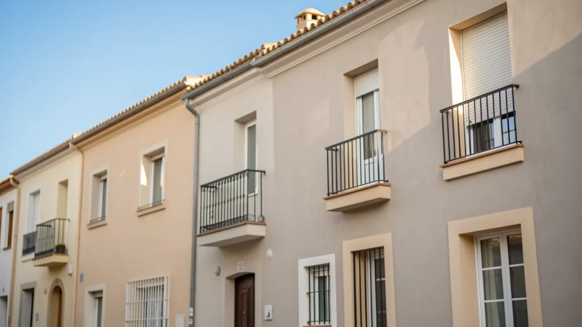 Facades of newly painted homes in a neighborhood.