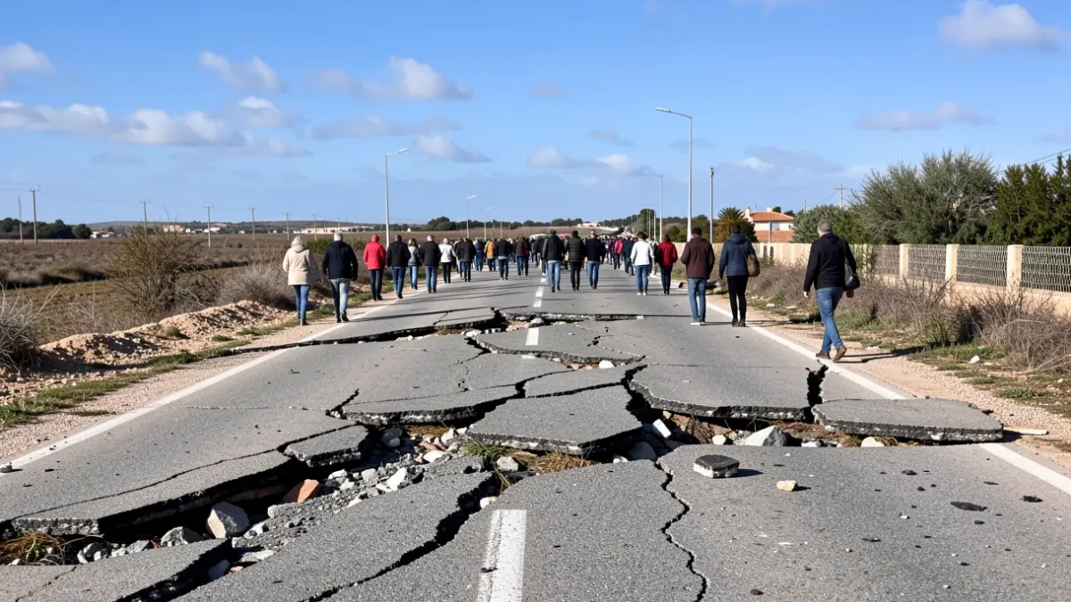 Image of a damaged road in Chiclana after storms.