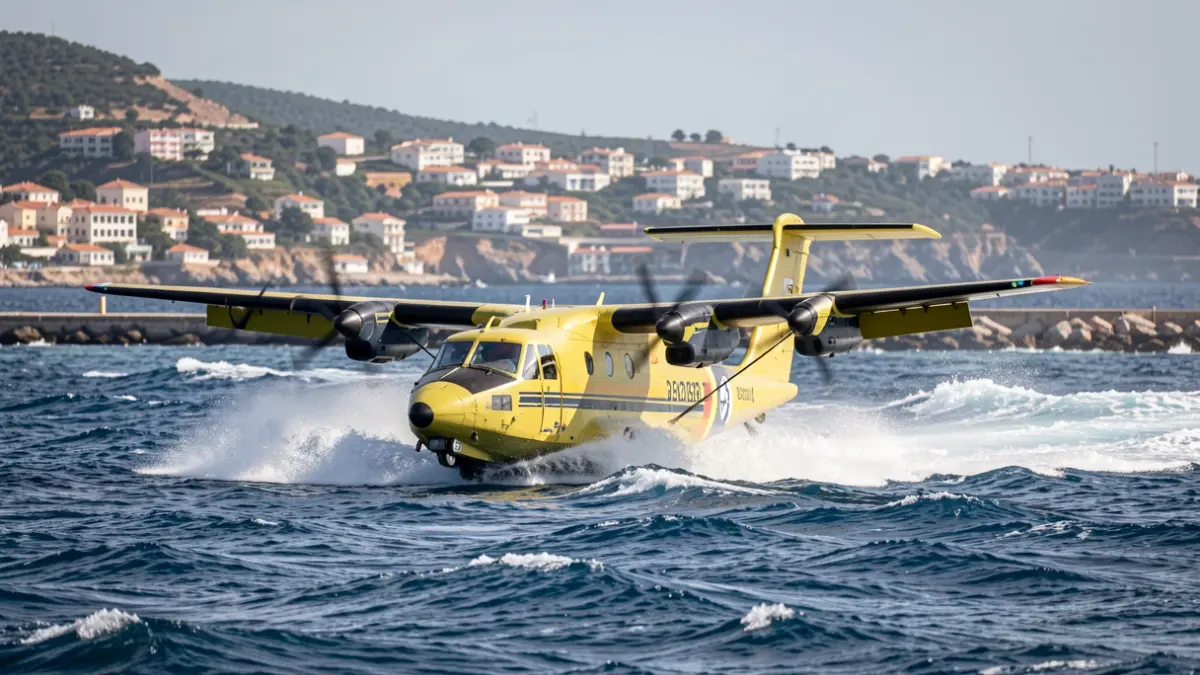 Hidroavión repostando agua en el puerto de Garrucha en condiciones de oleaje y viento.