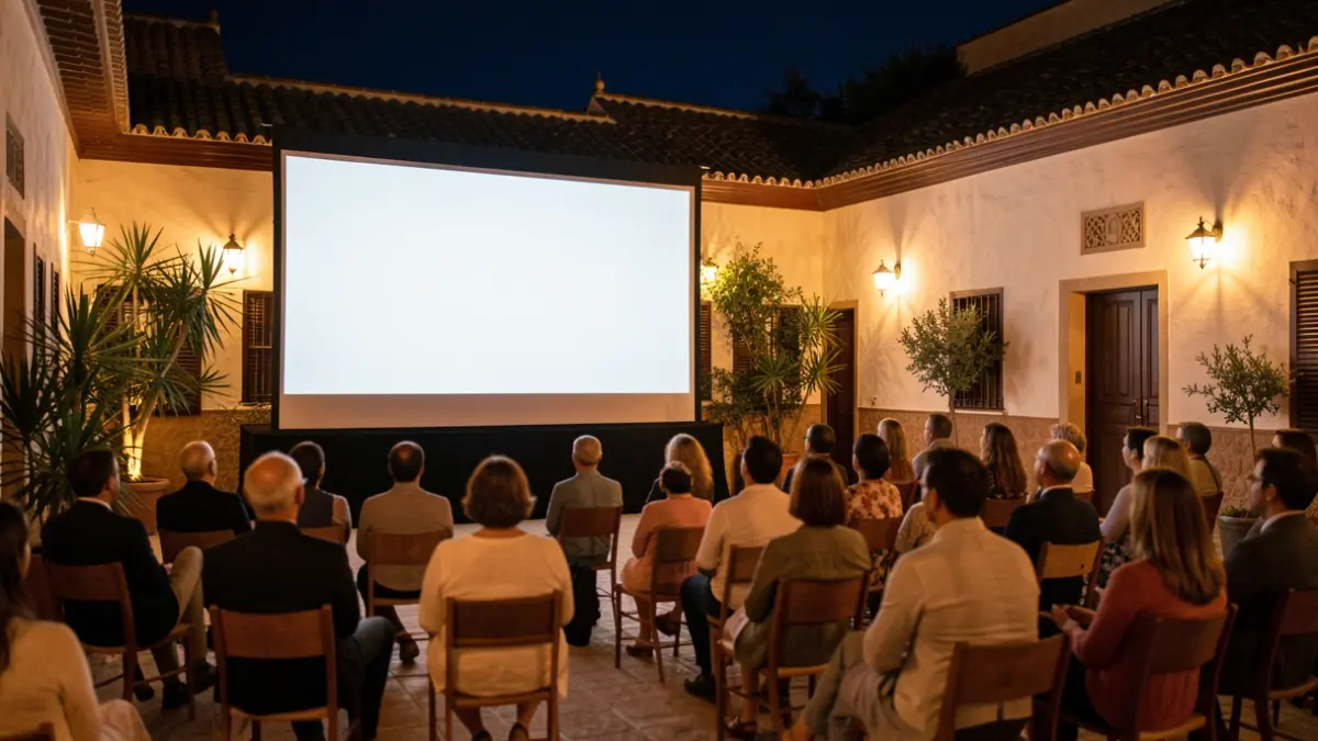 Outdoor cinema screen in a Cordoban courtyard at night.