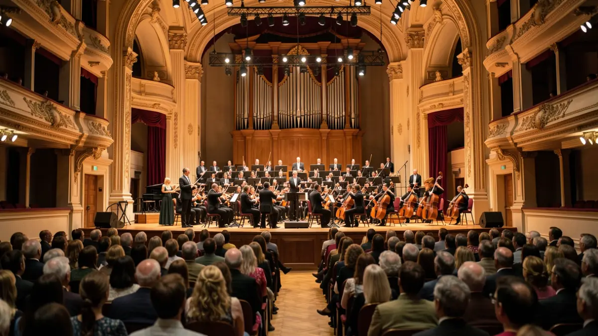 Interior of a concert hall with an orchestra on stage.