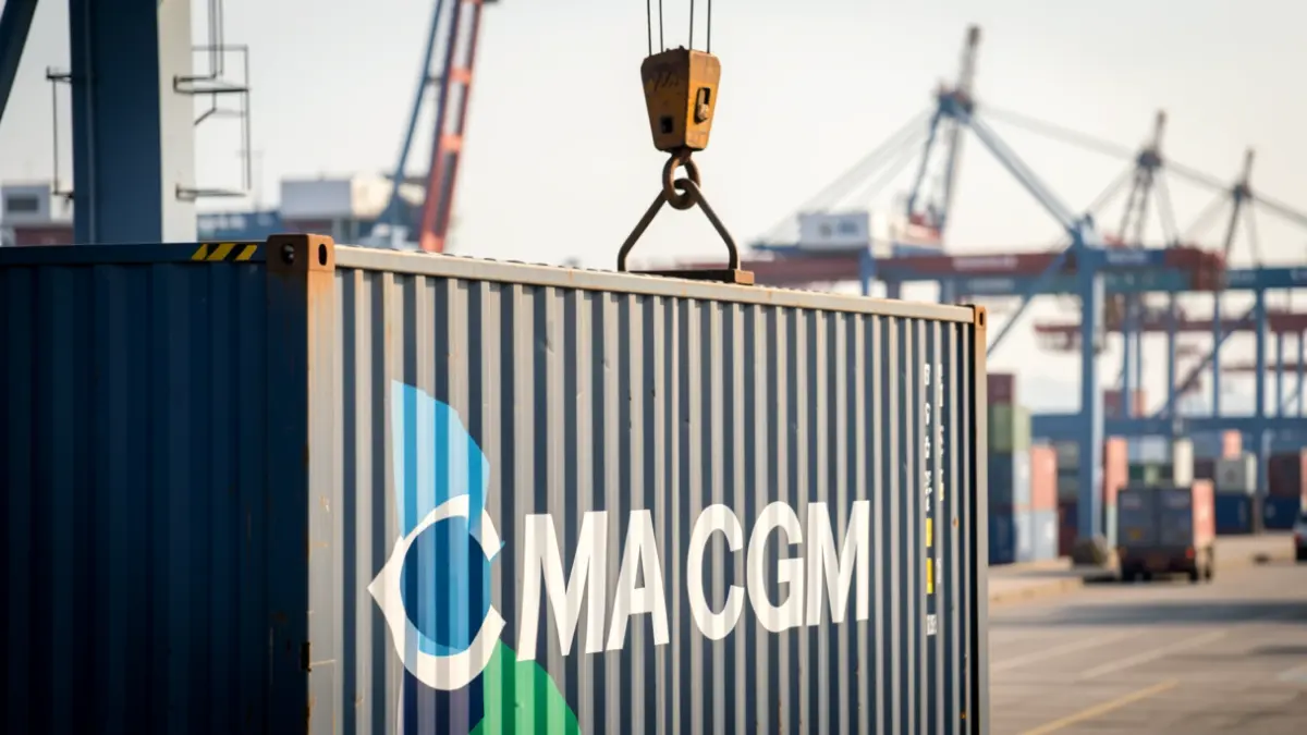 Port crane lifting a CMA CGM shipping container at the Algeciras dock.