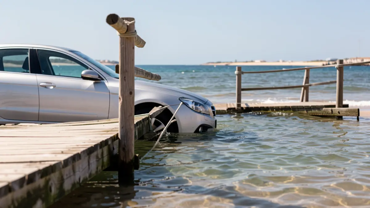 Car submerged in the channel of Camposoto beach after breaking the walkway.