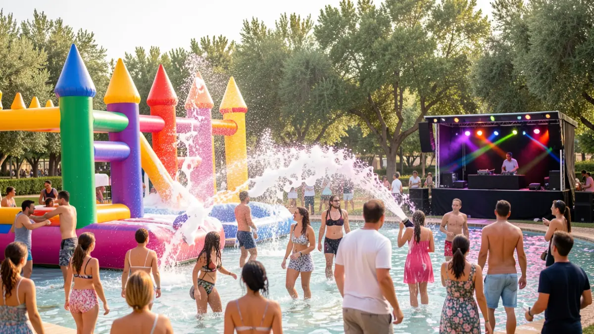 Imagen genérica de una fiesta acuática con castillos hinchables y cañones de espuma en Andalucía.