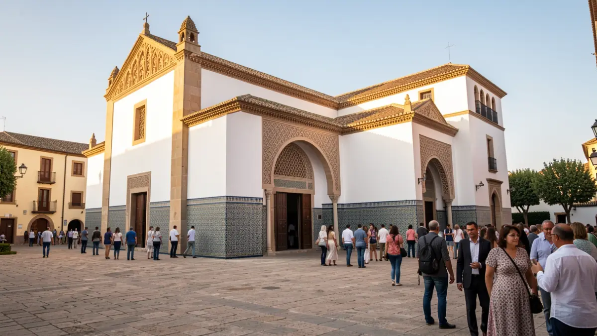 Facade of a historic church with Moorish architectural elements in the afternoon sun.