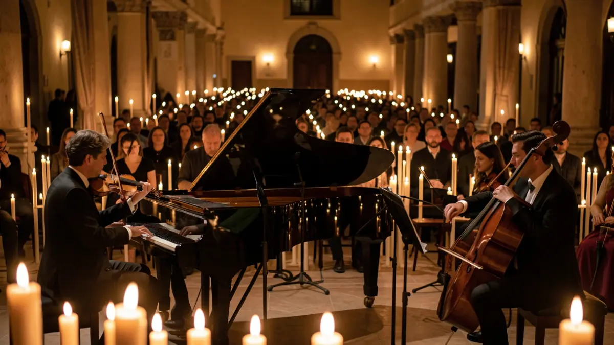 Generic image of a candlelit concert with musical instruments.