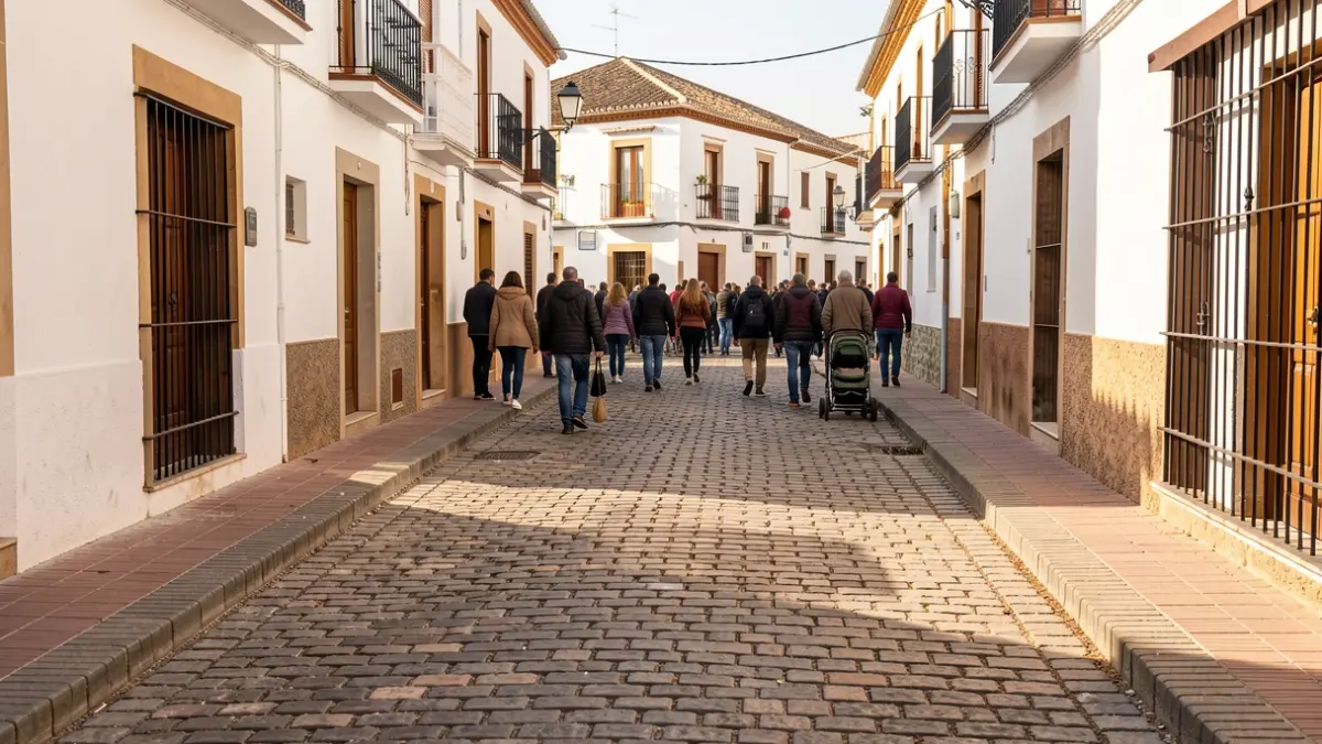 Bachiller León street in Cabra after its comprehensive renovation with rustic paving and improved accessibility.
