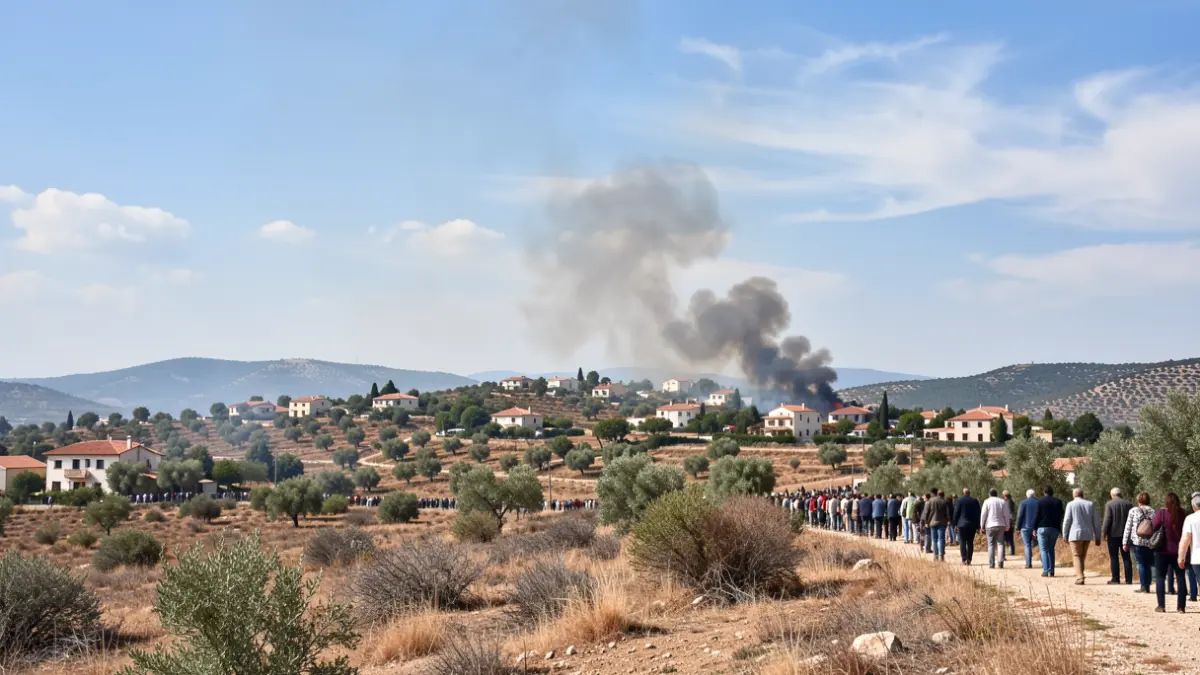 Generic image of smoke rising over a rural area with dry vegetation and some houses.