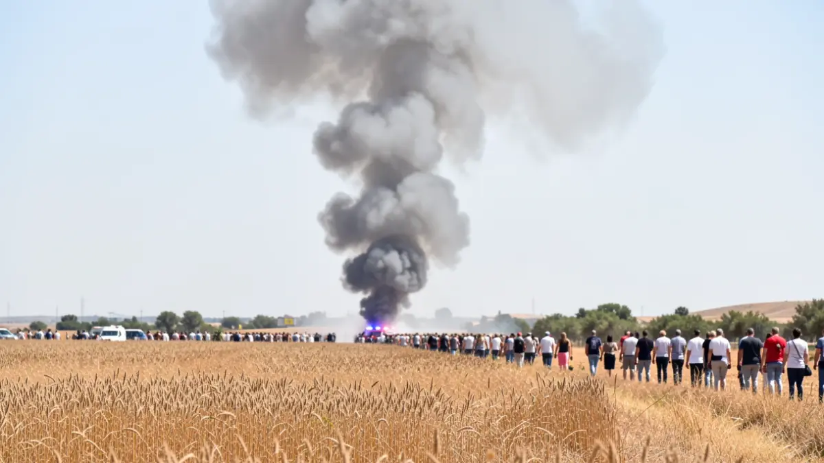 Column of smoke over a reed field during firefighting operations.