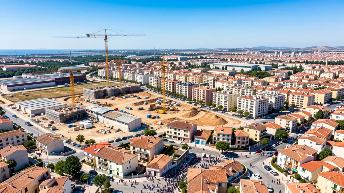 Vista aérea de la transformación de un polígono industrial en barrio residencial en Córdoba.