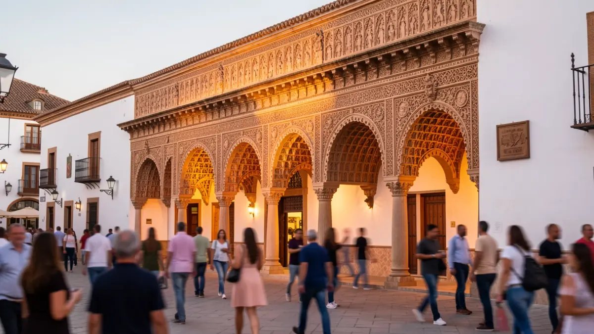 Fachada de un edificio histórico en Córdoba iluminado por la noche.