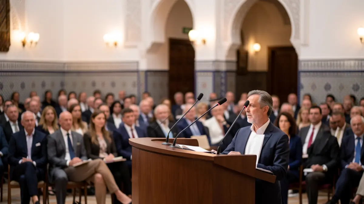Generic image of an institutional event with a podium and Andalusian architectural elements.