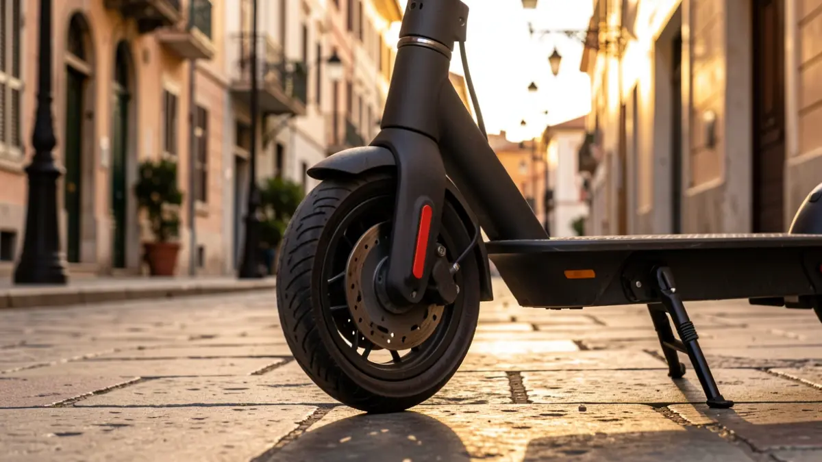 Rueda de patinete eléctrico en una calle de Andalucía al atardecer.