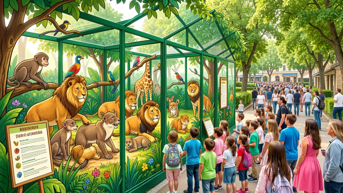 Ilustración de animales en un zoo con niños y carteles educativos.