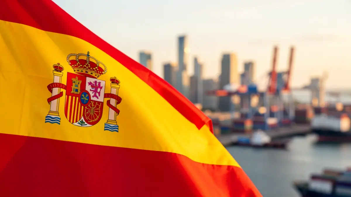 Generic image of the Spanish flag with a cityscape and port background.
