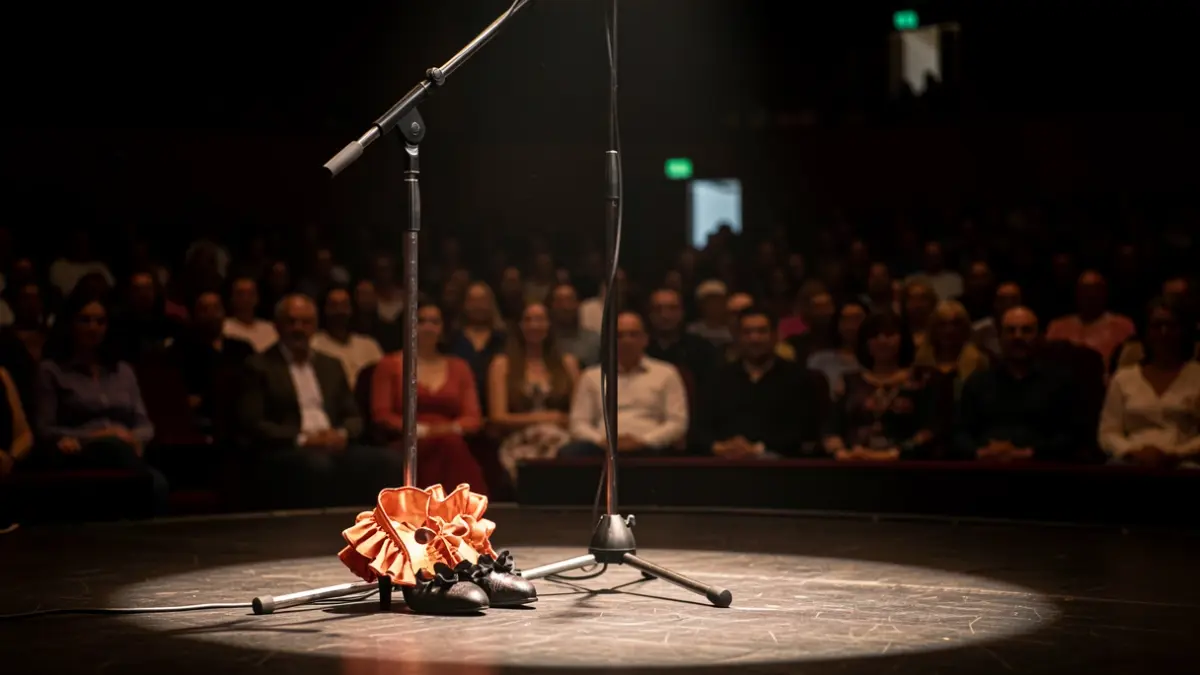 Zapatos de flamenco y micrófono en un escenario con público difuminado.