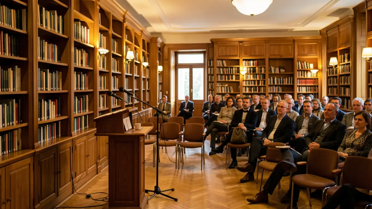 Interior de una biblioteca con estanterías de madera y un atril, evocando un ambiente de presentación cultural.