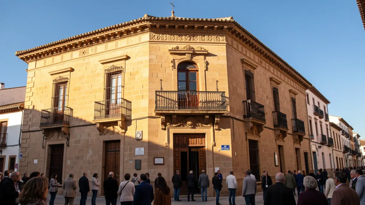Fachada de un ayuntamiento andaluz tradicional con balcón y barandillas de hierro, bajo la luz del sol de la tarde.