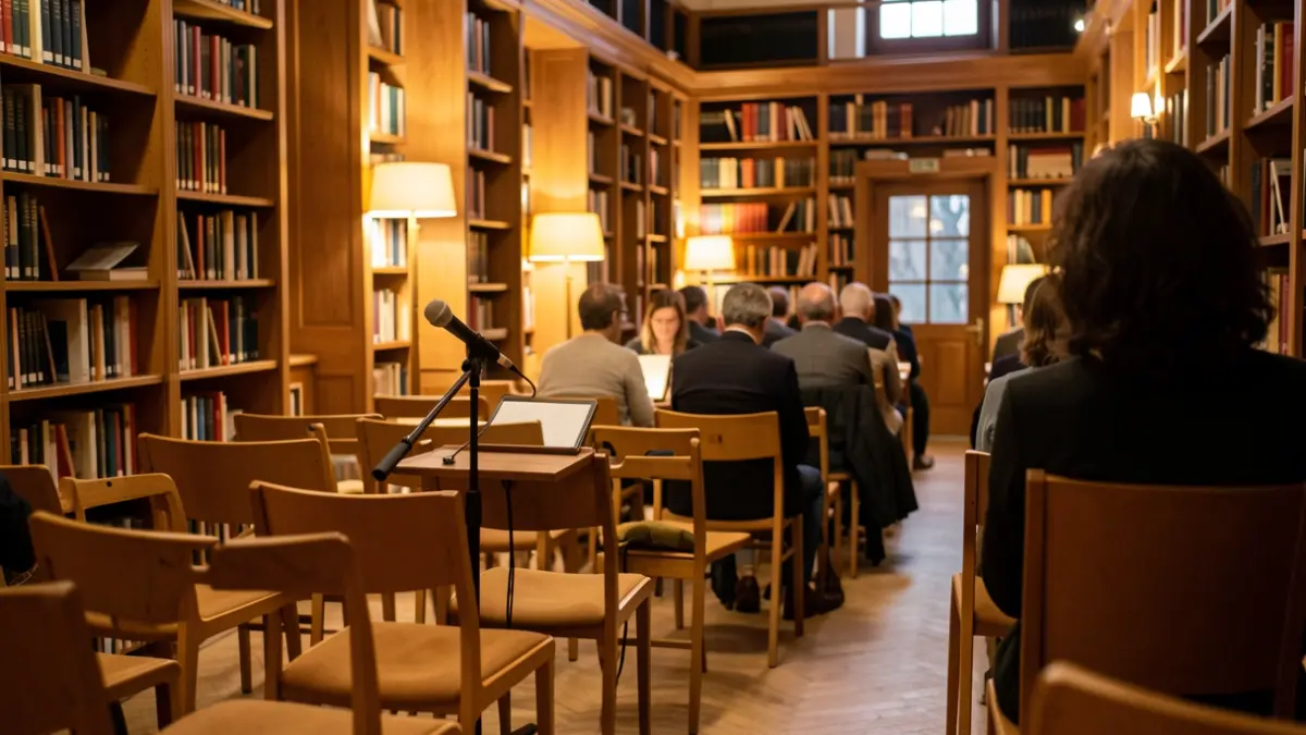 Generic image of a library with wooden bookshelves and a reading atmosphere.