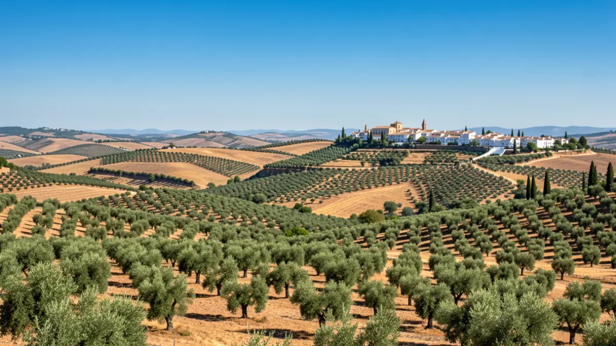Paisaje genérico de la provincia de Córdoba con colinas y pueblos blancos.