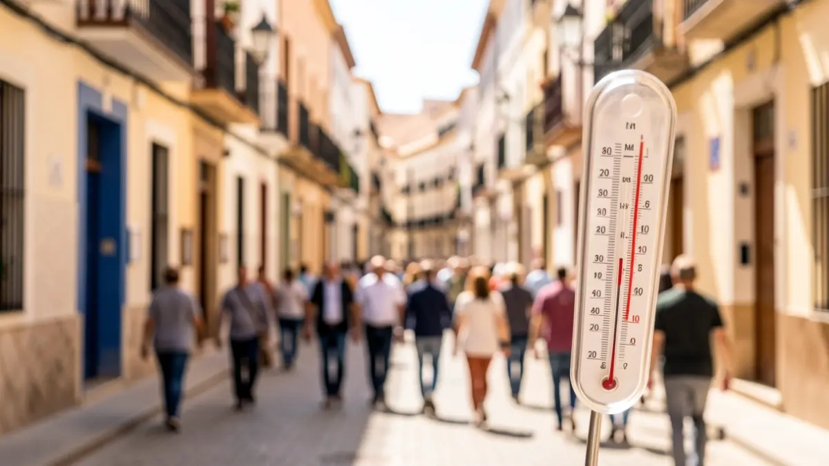 Termómetro mostrando alta temperatura con fondo de calle andaluza.