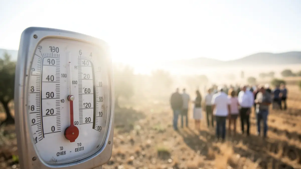 Generic image of a thermometer under intense sun in a Mediterranean landscape.