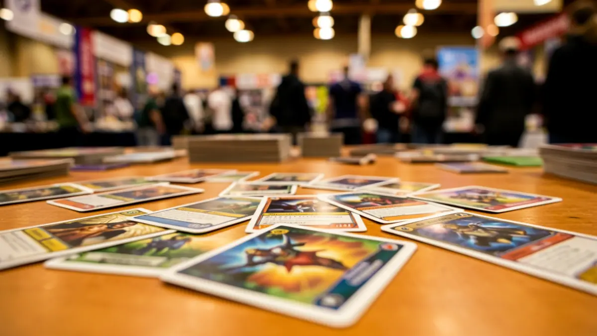 Generic image of collectible cards on a table at an event.