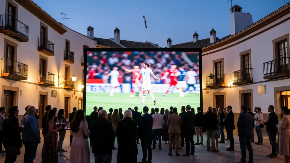 Giant screen set up in an Andalusian plaza to watch the World Cup final.