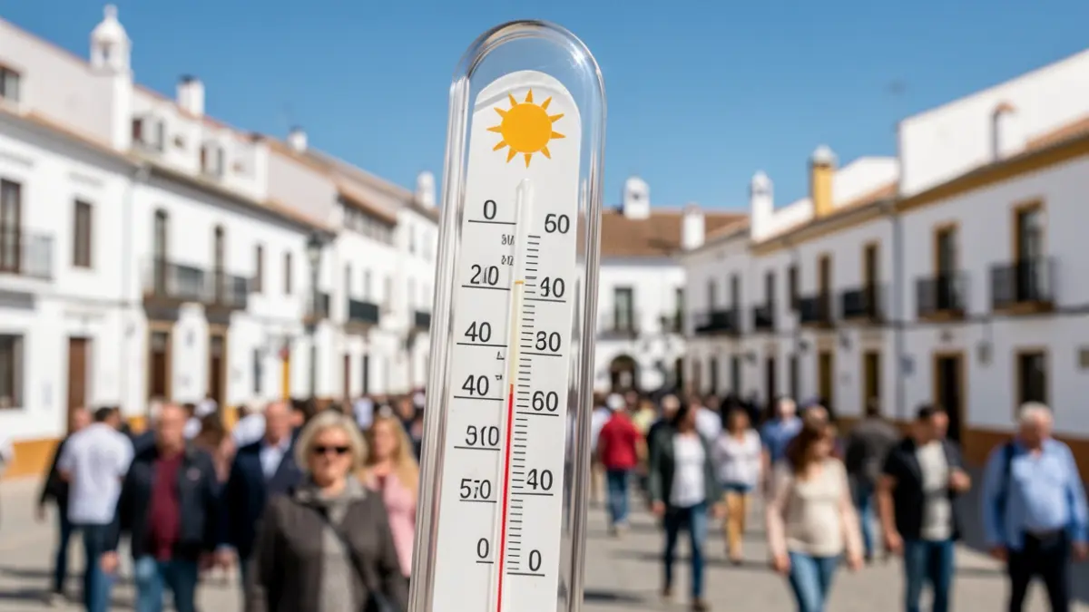 Thermometer showing high temperature with sun and Andalusian city background.