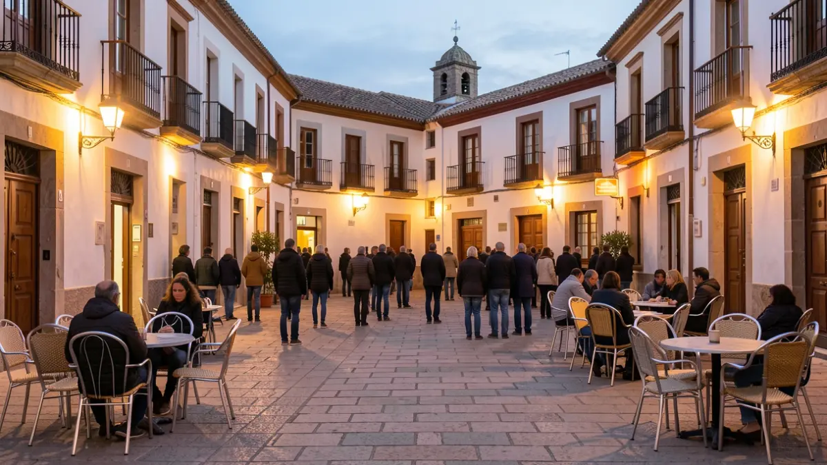 Andalusian square at dusk with warm lights.