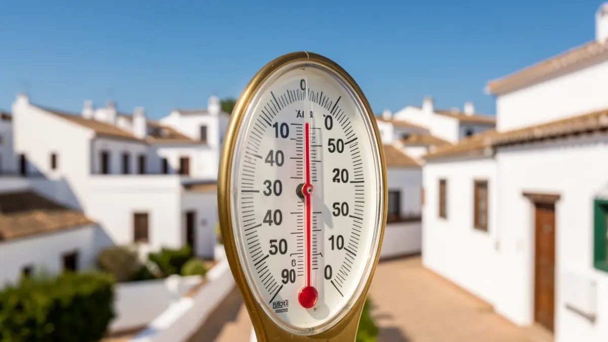 Thermometer showing over 40 degrees in a sunny Andalusian landscape.